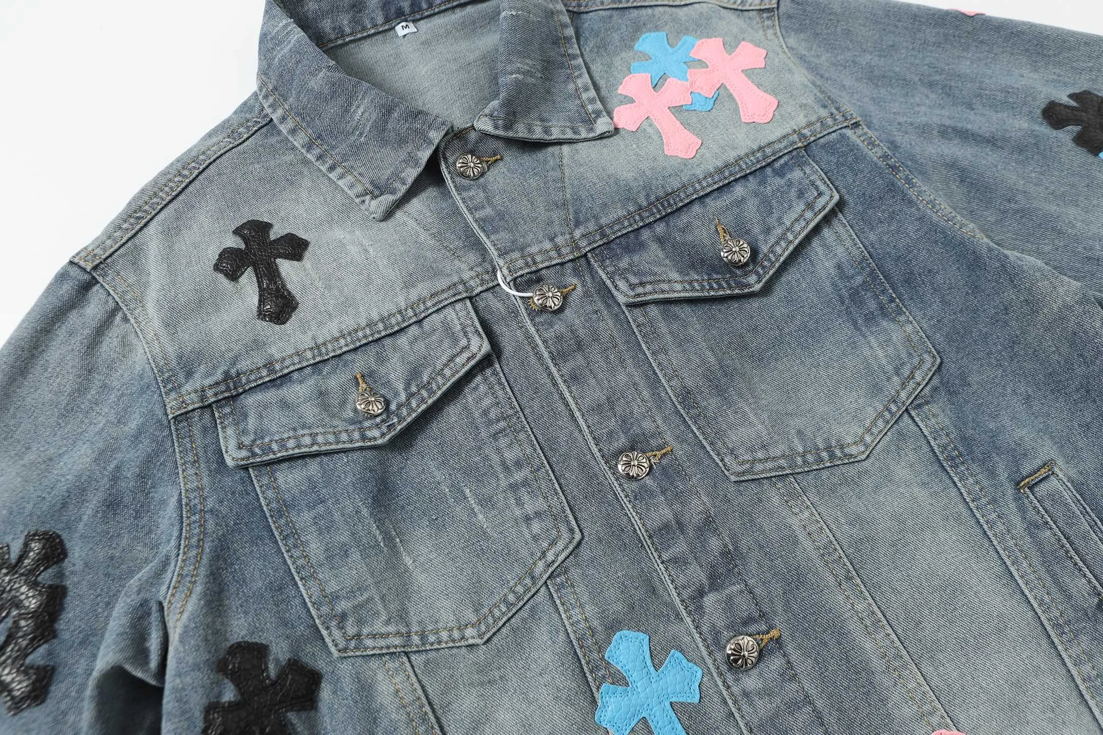 P336 Actual photo [High quality] Coding: M12 Color: Picture color Size: M to XXXL Chrome Hearts Crow heart patchwork leather cross patchwork embroidered shirt denim jacket